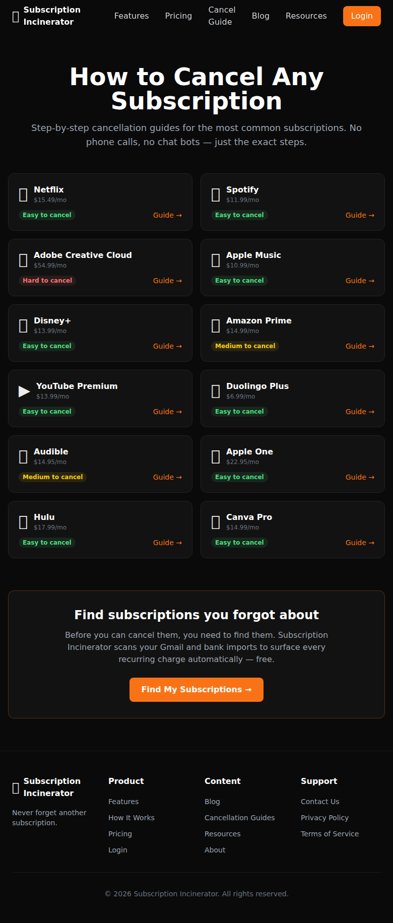 Subscription Incinerator cancellation guide directory
